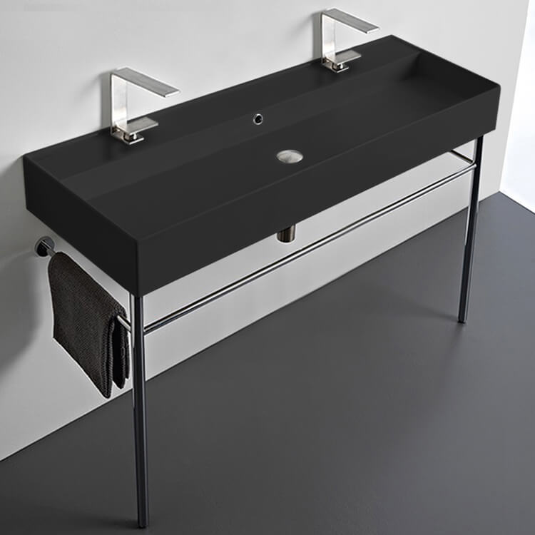 Bathroom Sink, Scarabeo 8031/R-120B-49-CON-Two Hole, Double Matte Black Ceramic Console Sink and Polished Chrome Stand